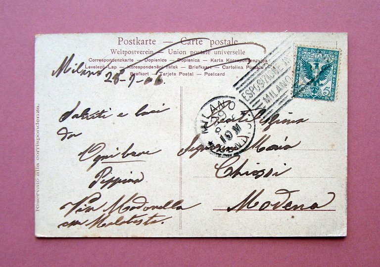 Cartolina a rilievo Un Saluto dall'Esposizione Milano 1906 viaggiata