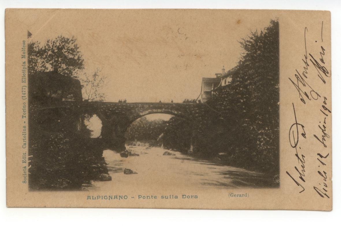 Cartolina Alpignano Ponte sulla Dora viaggiata 1900 Torino