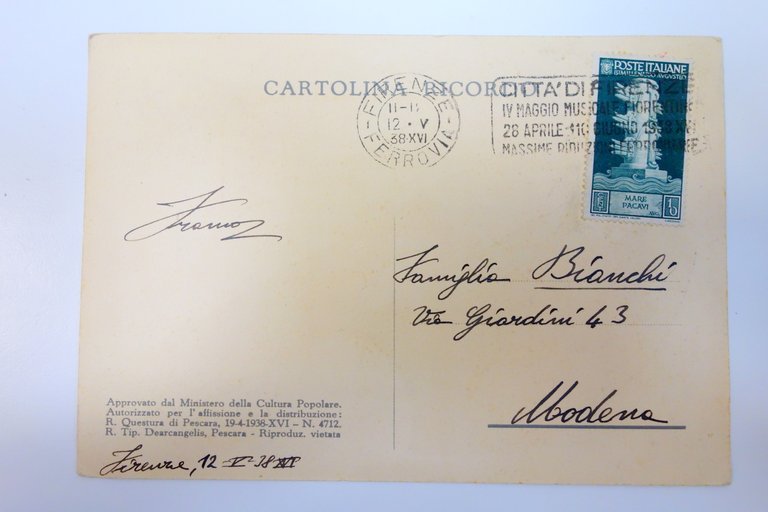 Cartolina anno XVI dell'era fascista Dearcangelis viaggiata 1938