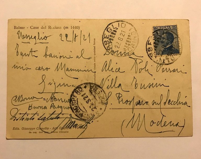 Cartolina Balme Case del Rociass Viaggiata 1921
