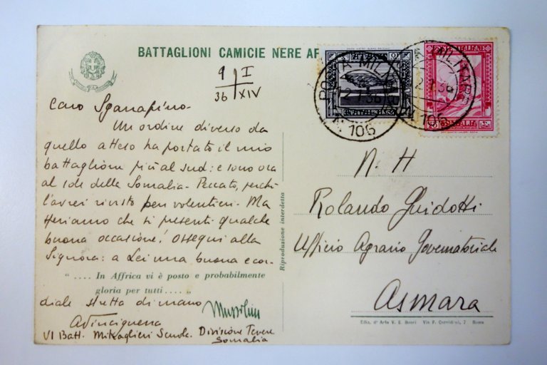 Cartolina Battaglioni Camicie Nere Africa Orientale viaggiata 1936 Pisani
