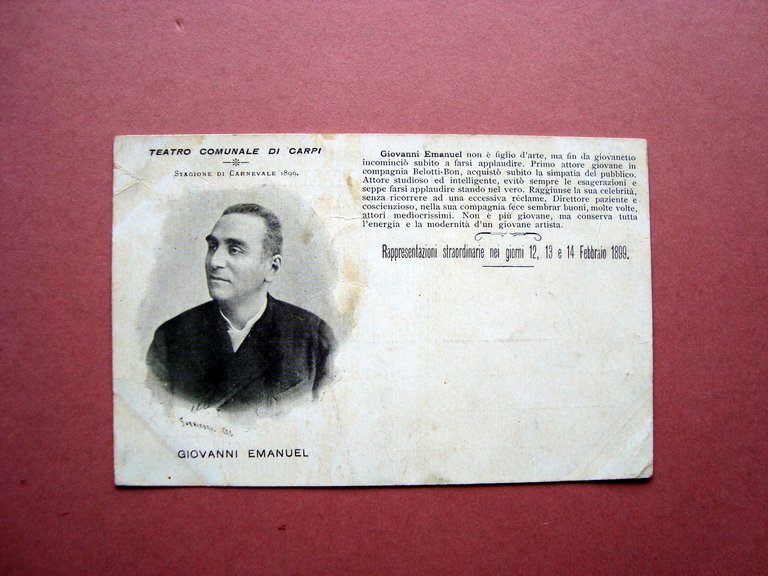 Cartolina Carpi Teatro Comunale Stagione Carnevale 1899 G.Emanuel non viaggiata | Immagine Gallery 1
