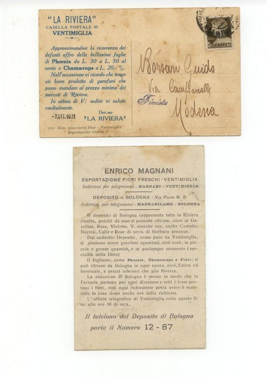 Cartolina Cartoncino Ventimiglia Mercato dei Fiori 1931 viaggiata Imperia | Immagine Gallery 2