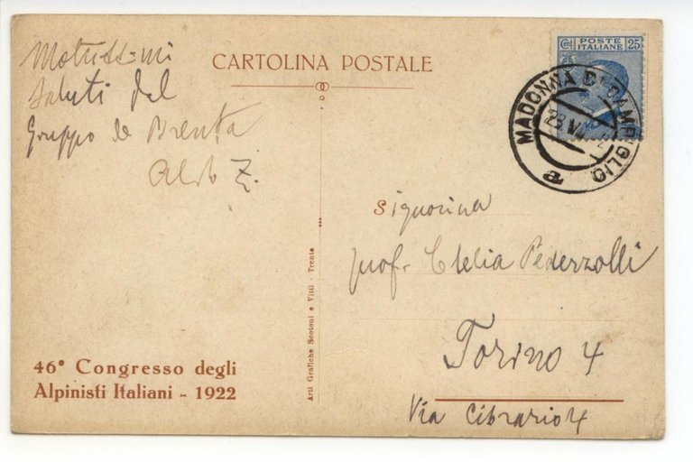 Cartolina Cinquantenario della Societ‡ Alpinisti Tridentini 1922 viaggiata
