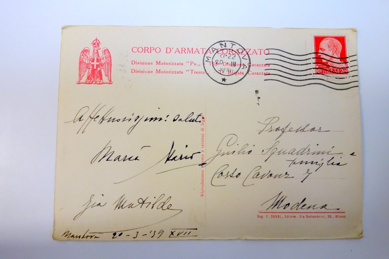 Cartolina Corpo d'Armata Corazzato divisione Po Trento Bartoli viaggiata 1939