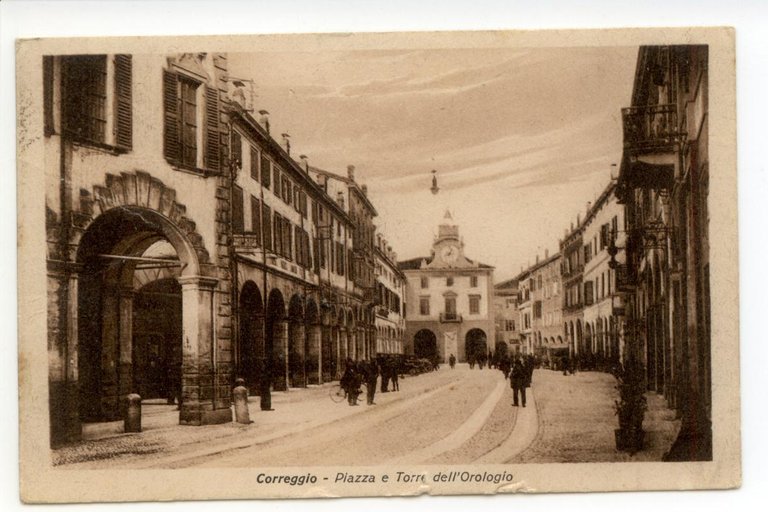 Cartolina Correggio Piazza e Torre dell'Orologio viaggiata 1929 | Immagine Gallery 1