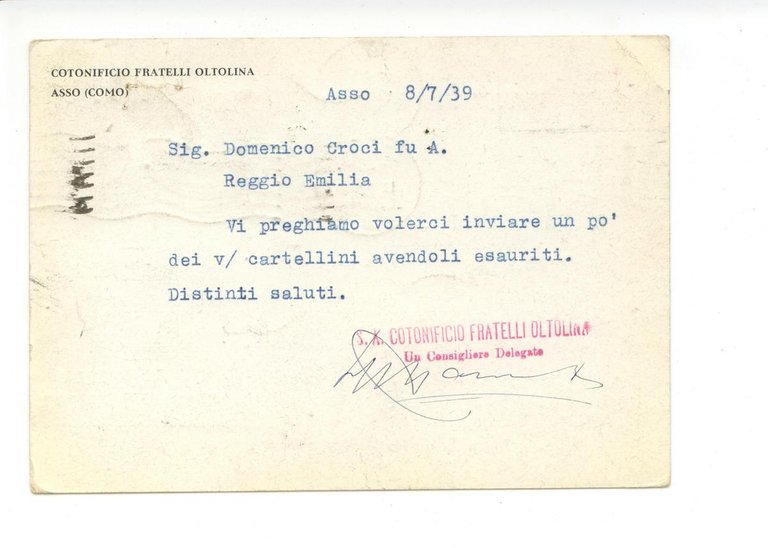 Cartolina Cotonificio Fratelli Oltolina viaggiata 1939