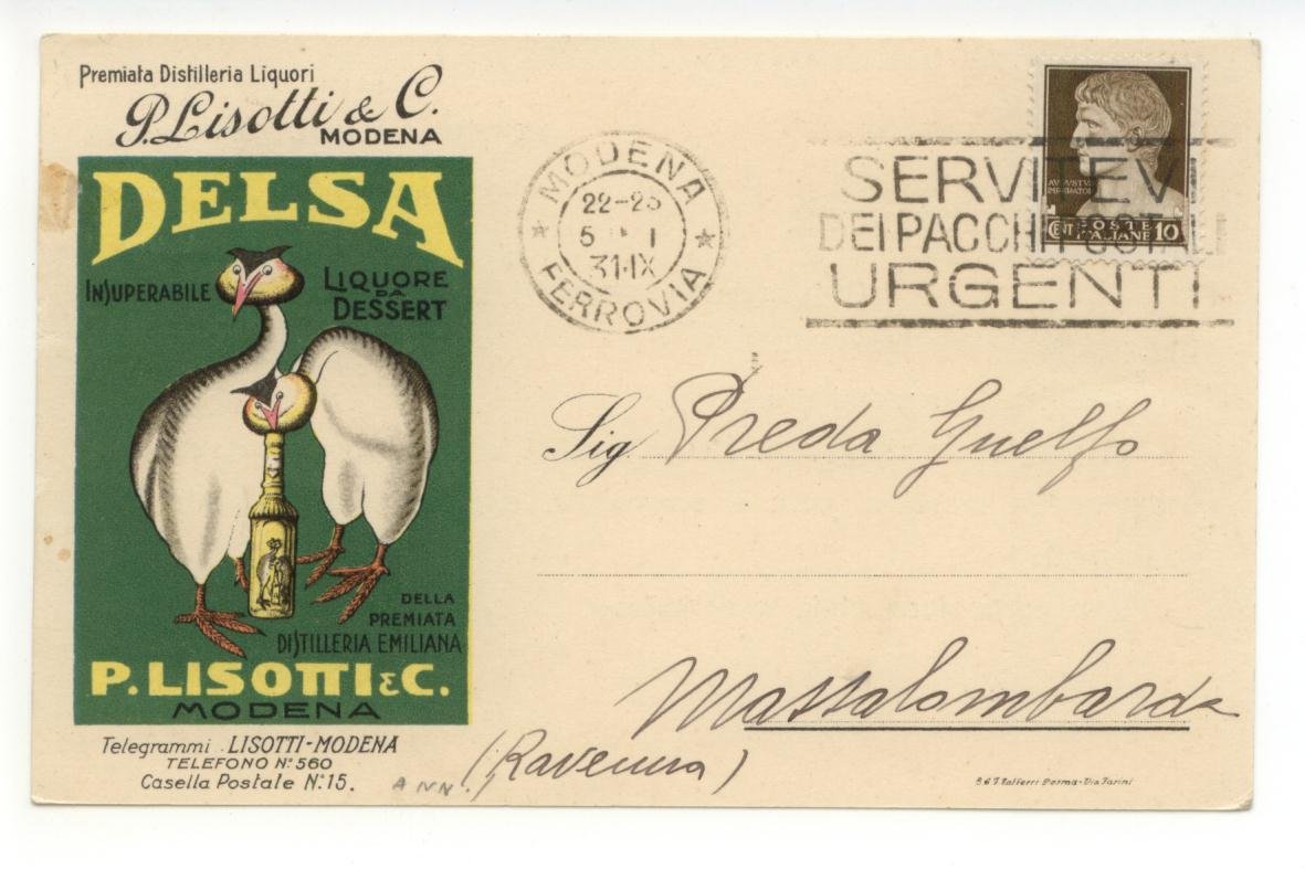 Cartolina Delsa Liquore da Dessert P. Lisotti Modena 1931 viaggiata | Immagine principale