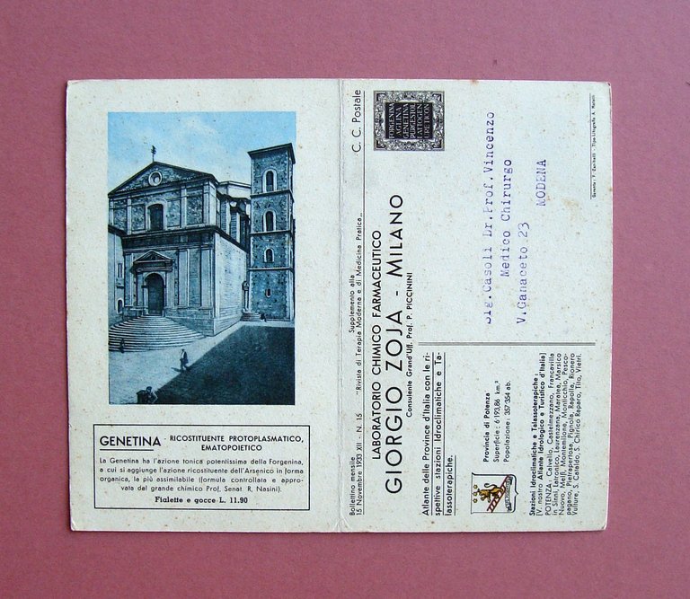 Cartolina doppia Laboratorio Zoja1933 Potenza provincia viaggiata in franchigia | Immagine Gallery 2
