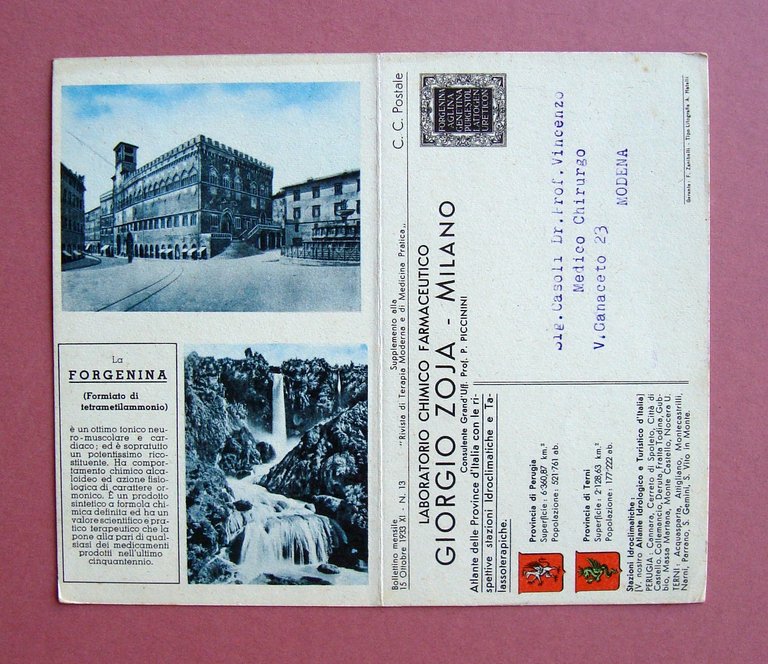 Cartolina doppia Laboratorio Zoja1933 province Perugia e Terni vg in …