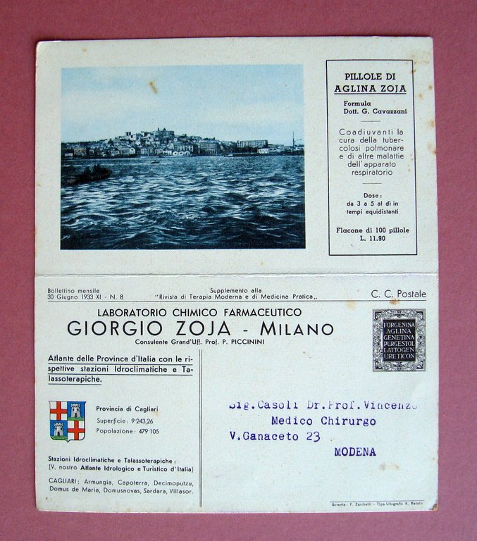 Cartolina doppia Laboratorio Zoja1933 provincia di Cagliari vg in franchigia