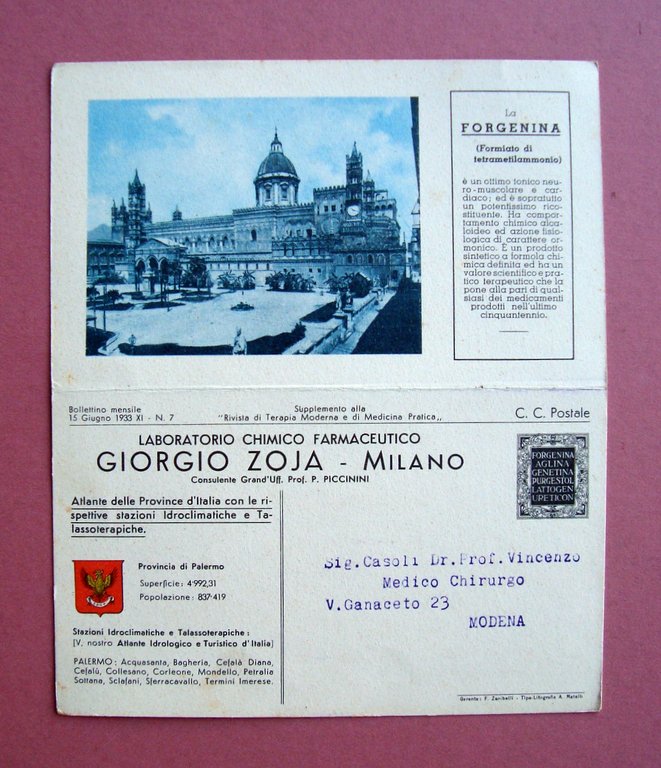 Cartolina doppia Laboratorio Zoja1933 provincia di Palermo vg in franchigia