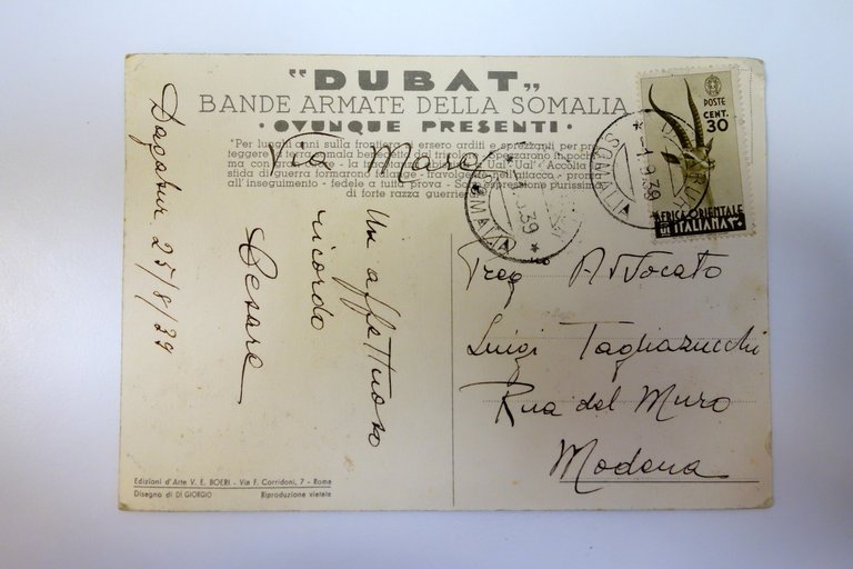 Cartolina Dubat Bande Armate Somalia viaggiata 1939
