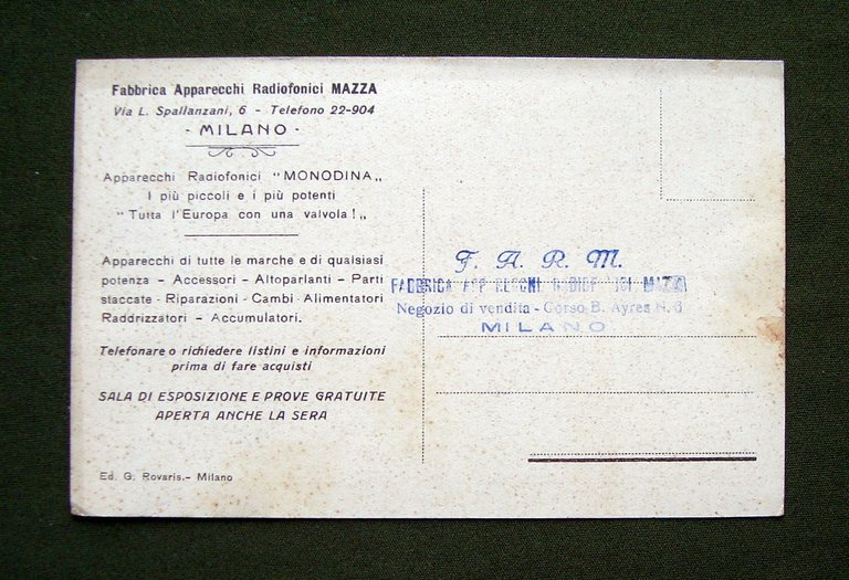 Cartolina Fabbrica Apparecchi Radiofonici Mazza Milano Radio Altoparlanti