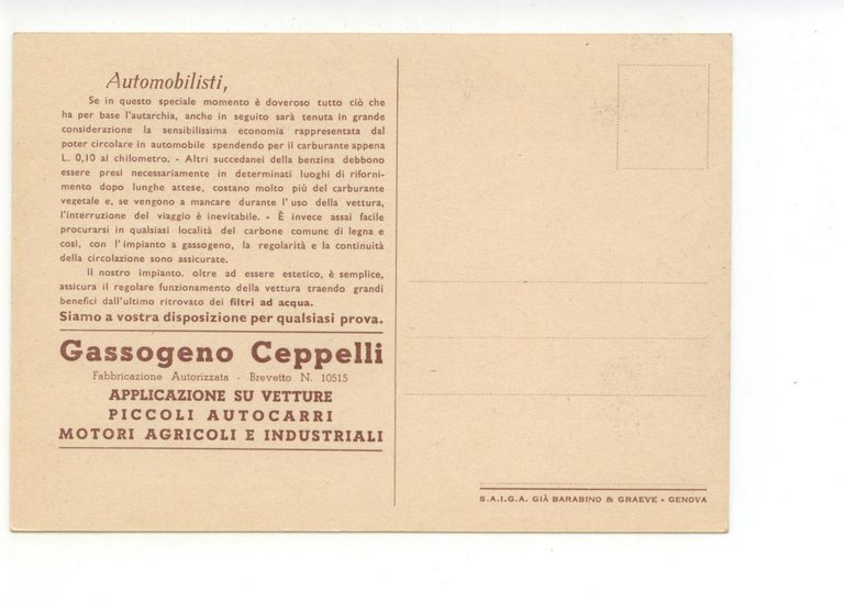 Cartolina Gassogeno Ceppelli Sistema Semplicissimo In Base Al Autarchia