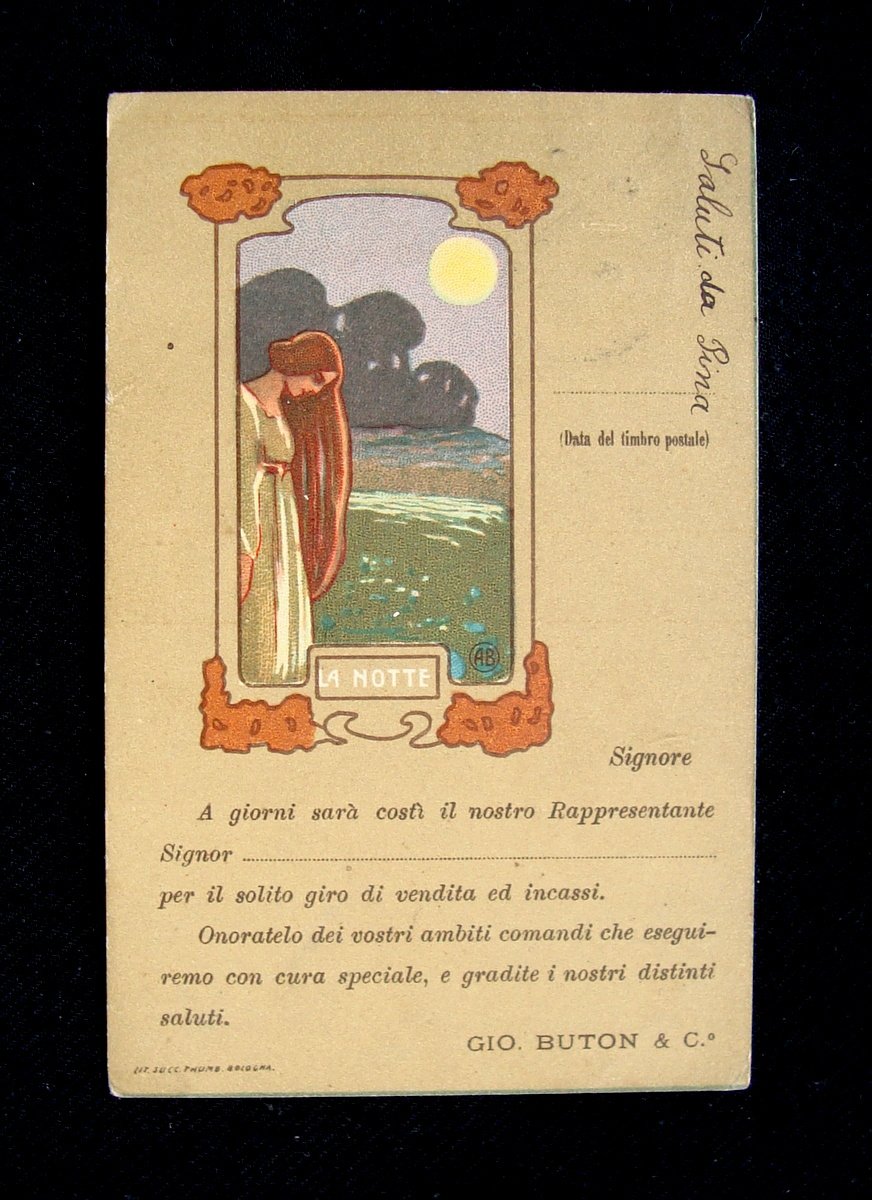 Cartolina Gio Buton La Notte viaggiata 1905 firmata A.B