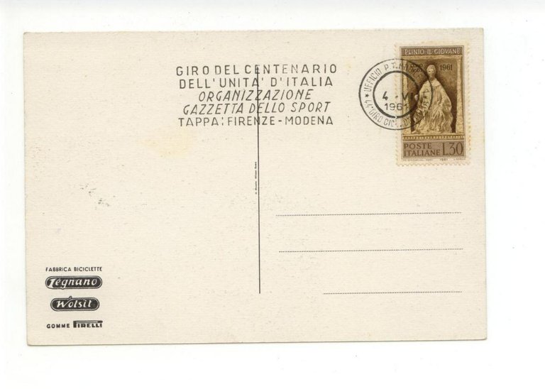 Cartolina Giro del Centenario dell'Unit‡ d'Italia Imerio Massignan 1961 annullo