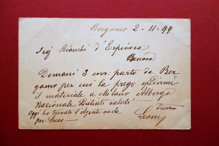 Cartolina Grande Albergo Reale d'Italia Belloni Bergamo Viaggiata 1899 Grafica