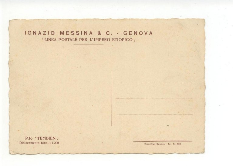 Cartolina Ignazio Messina & C. Genova non viaggiata Tembien impero …