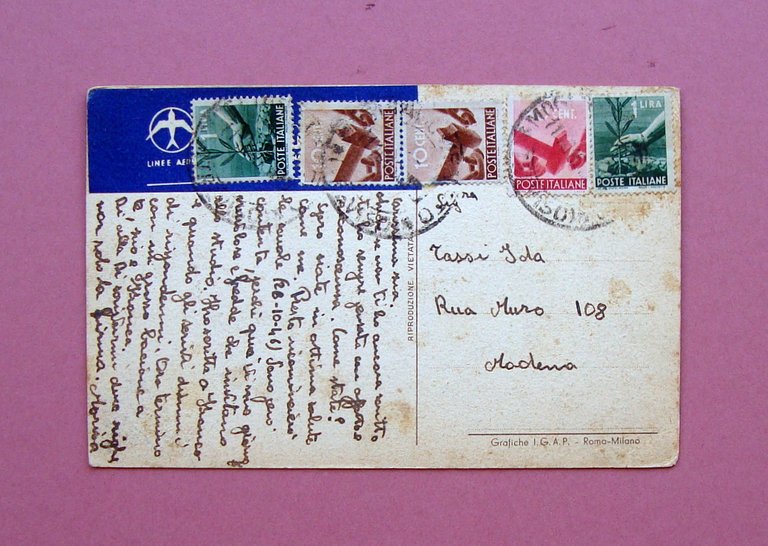 Cartolina Illustrata colori Crali Linee Aere Littoria Viaggiata 1946ca