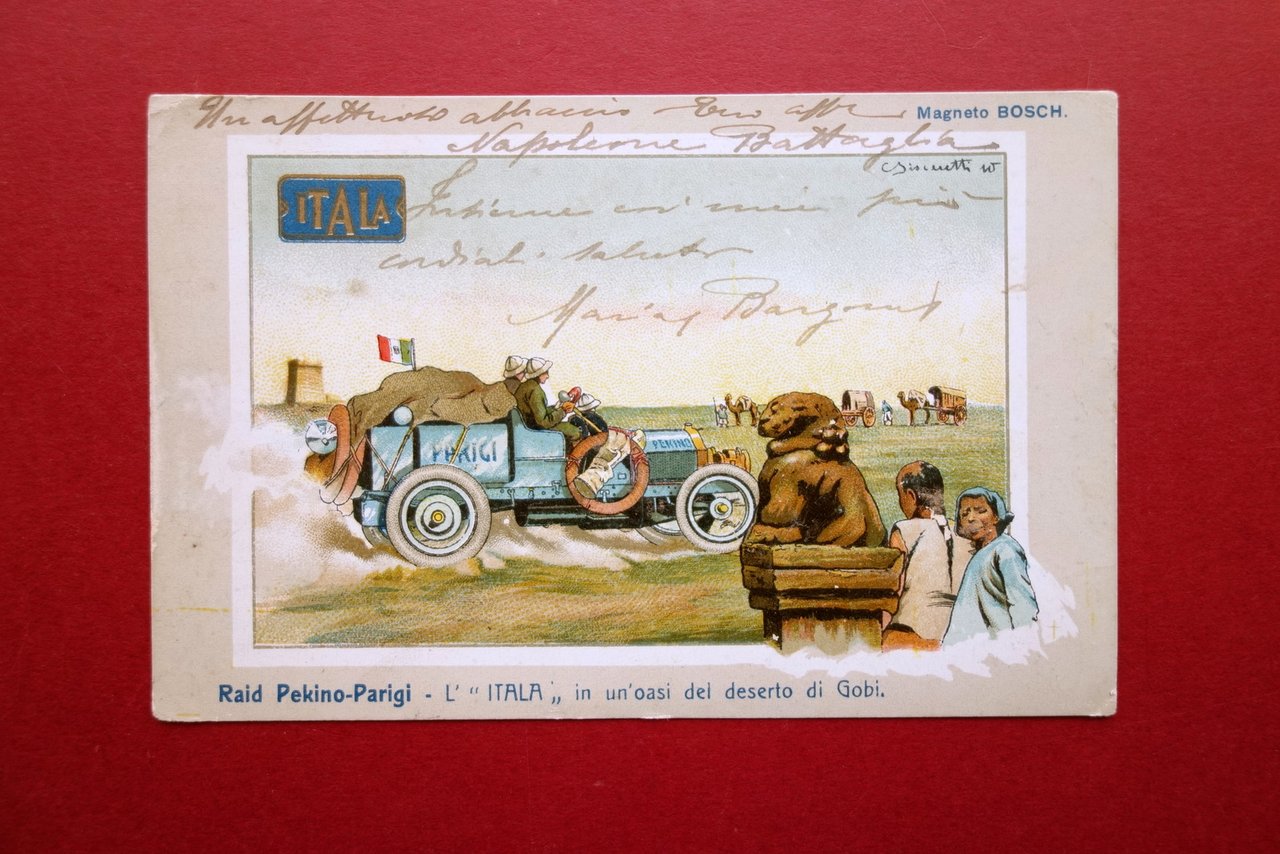 Cartolina Itala Raid Pechino Parigi Auto Grafica Biscaretti 1918 Originale