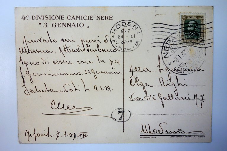 Cartolina IV Divisione Camicie Nere "3 gennaio" colonie Eritrea viaggiata …