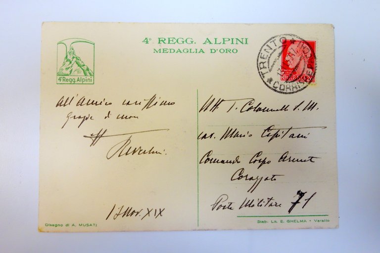 Cartolina IV Reggimento Alpini Medaglia d'Oro Btg. Val Baltea viaggiata …