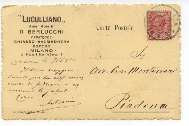 Cartolina Luculliano Amer ApÈritif Berlucchi Chiasso Valmadrera 1912 viaggiata | Immagine Gallery 2