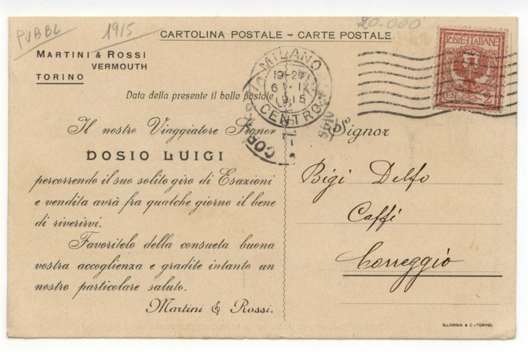 Cartolina Martini & Rossi Vermouth Torino 1915 viaggiata