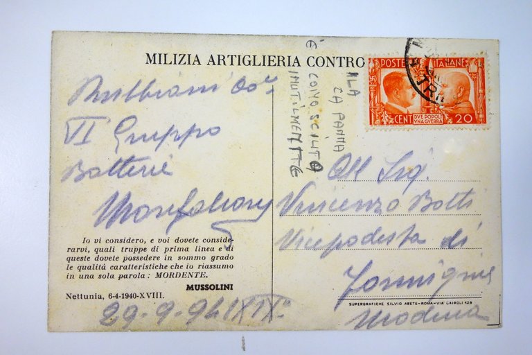 Cartolina Milizia Artiglieria Controaerei IV contraerea viaggiata 1941 Pisani