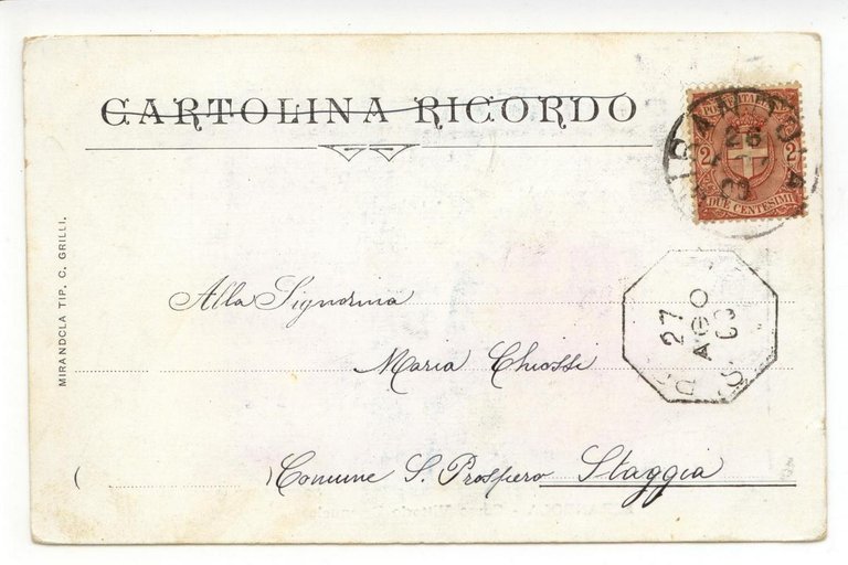 Cartolina Mirandola Corso Vittorio Emanuele Ricordo 1900 viaggiata Modena