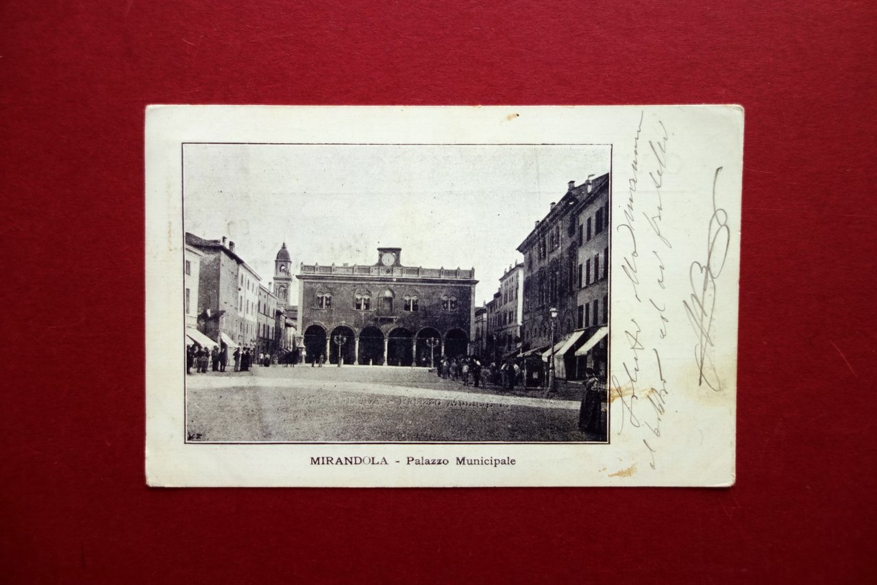 Cartolina Mirandola Modena Palazzo Municipale Animata Viaggiata 1900 Tip. Grilli