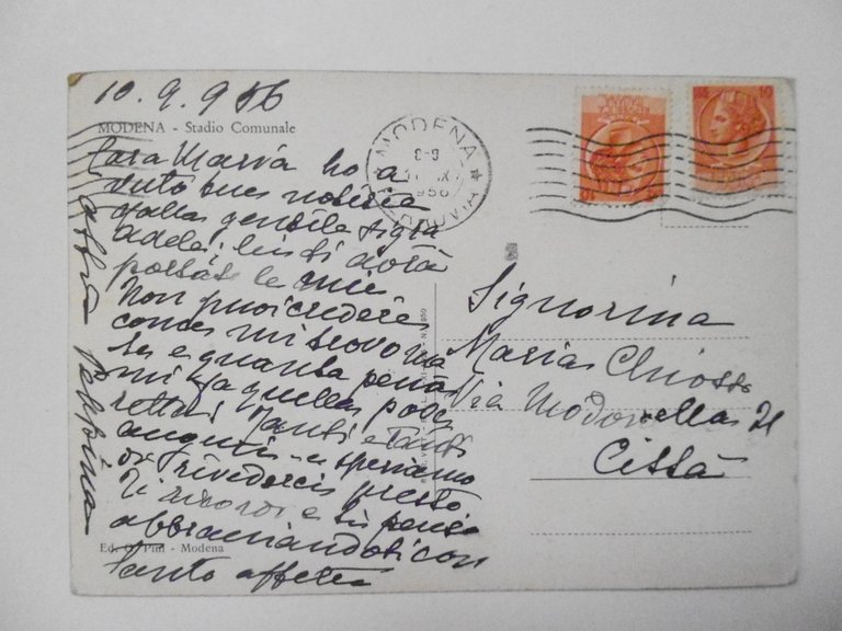 Cartolina Modena Stadio Comunale 1956 viaggiata | Immagine Gallery 2