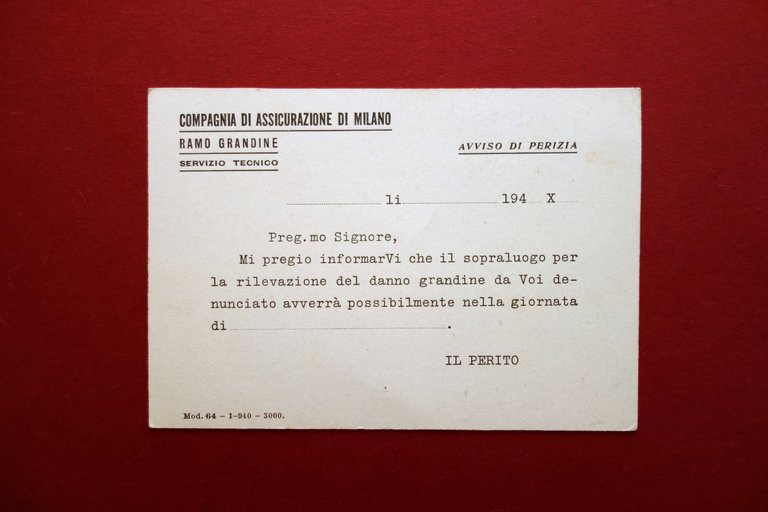 Cartolina Originale Compagnia di Assicurazione Milano Metlicovitz Anni '40