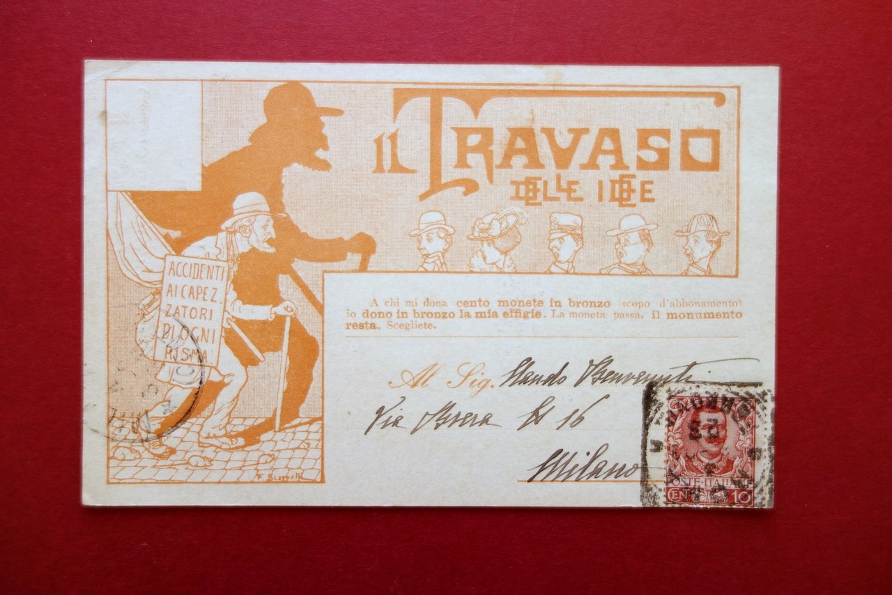 Cartolina Originale Il Travaso delle Idee Settimanale Umoristico Viaggiata 1903?