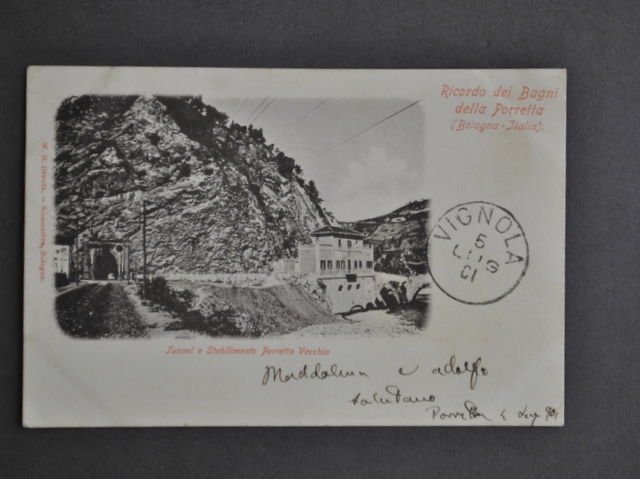 Cartolina Porretta Terme Vecchia Tunnel Stabilimento Bagni Bologna 1901 | Immagine principale