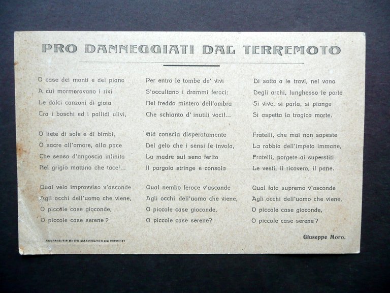 Cartolina Postale Comitato Provinciale Valtellinese Pro Terremoto Marsicano Moro