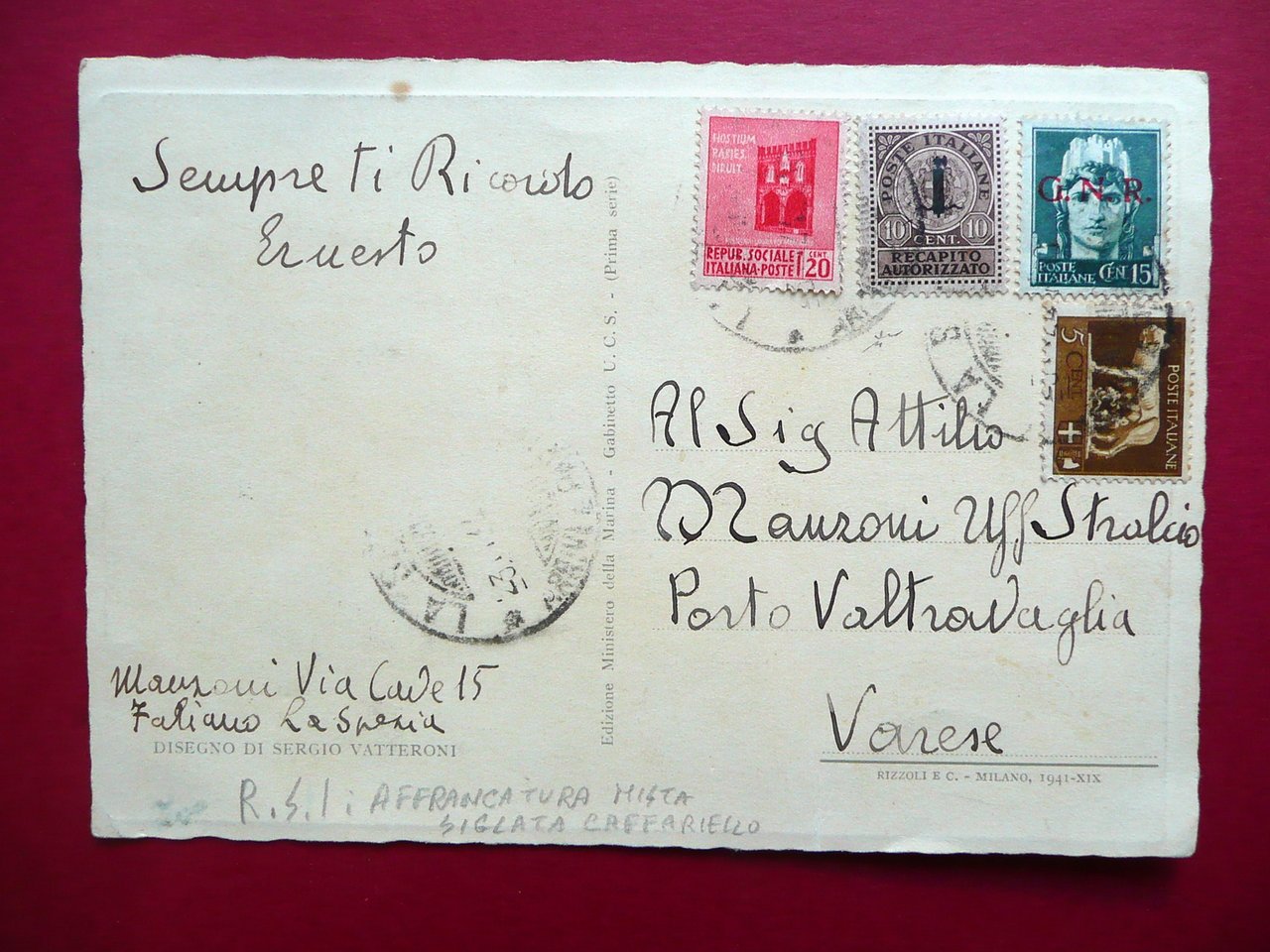 Cartolina Postale RSI Affrancatura Mista Illustrazione Sergio Vatteroni WW2 Rara