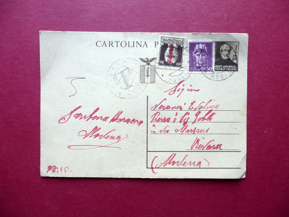 Cartolina Postale RSI Modena 1945 WW2 Guerra Mondiale Viaggiata Affrancatura