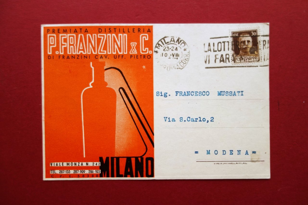 Cartolina Premiata Distilleria P. Franzini e C. Milano 1942 Fernet