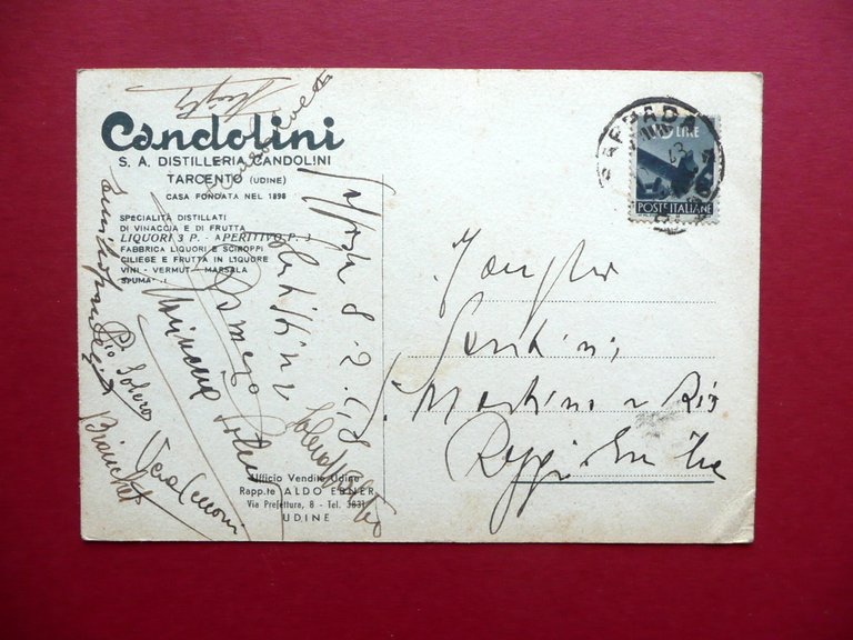 Cartolina Pubblicitaria Candolini S.A. Distilleria Tarcento Udine 1946 Viaggiata