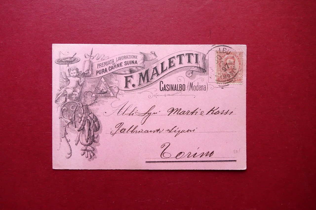 Cartolina Pubblicitaria F. Maletti Lavorazione Carne Suina Casinalbo Modena 1897 | Immagine principale