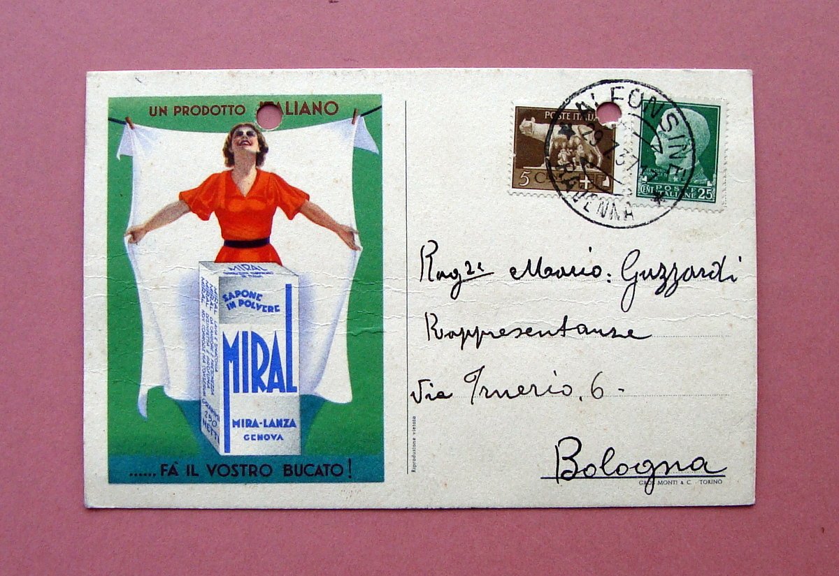Cartolina Pubblicitaria Miral Mira Lanza Genova viaggiata 1937 prodotto italiano | Immagine principale