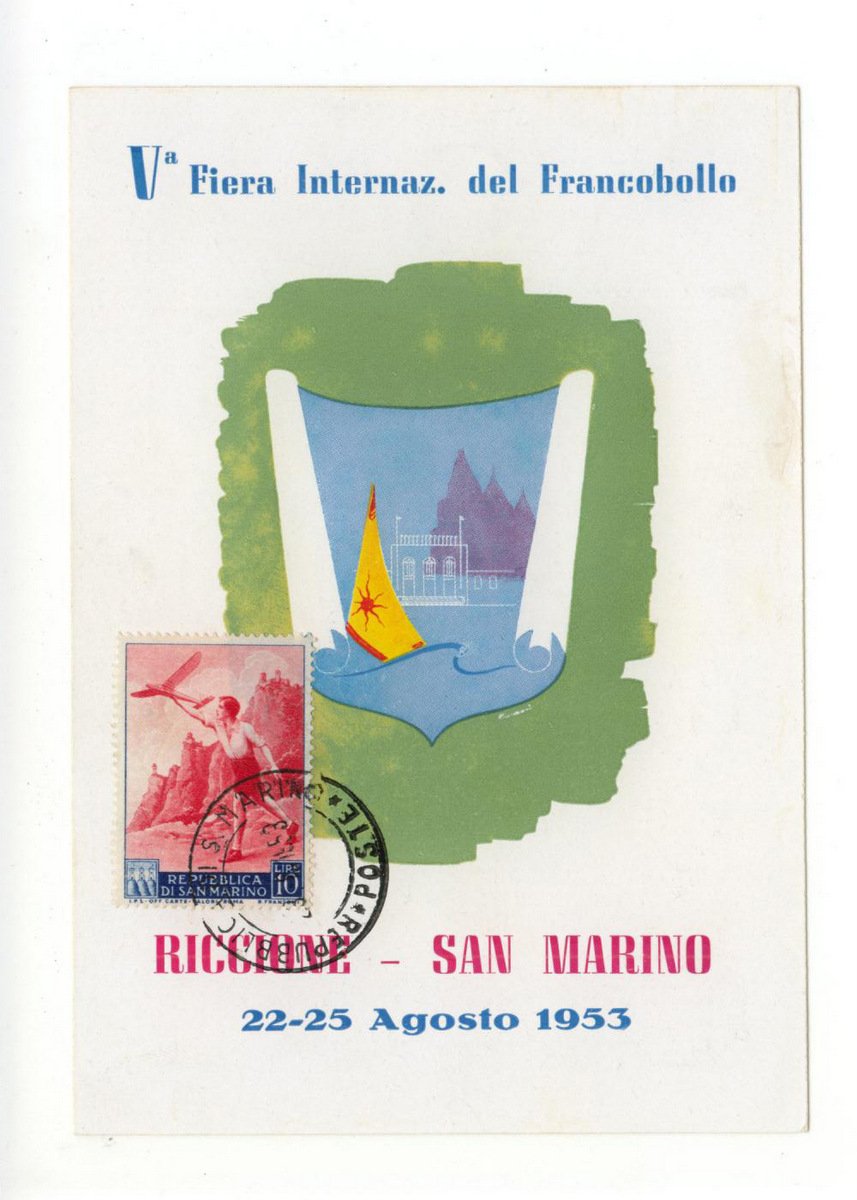 Cartolina Quinta Fiera Internazionale Francobollo Riccione 1953 non viaggiata