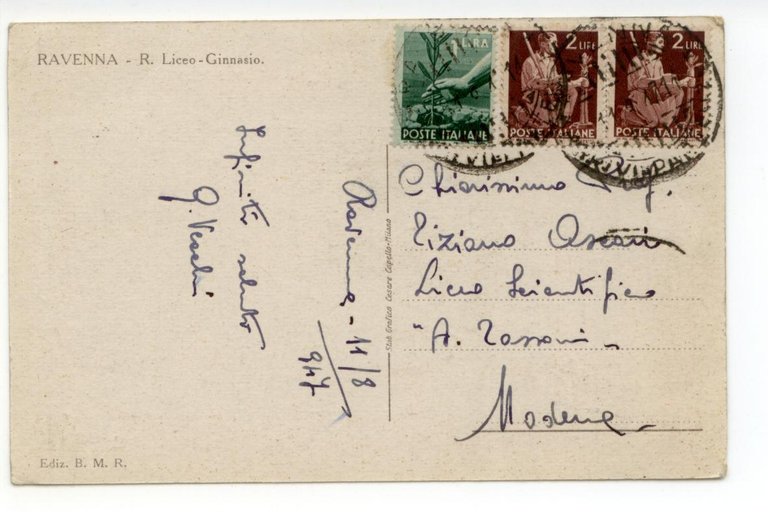 Cartolina Ravenna Liceo Ginnasio viaggiata 1947
