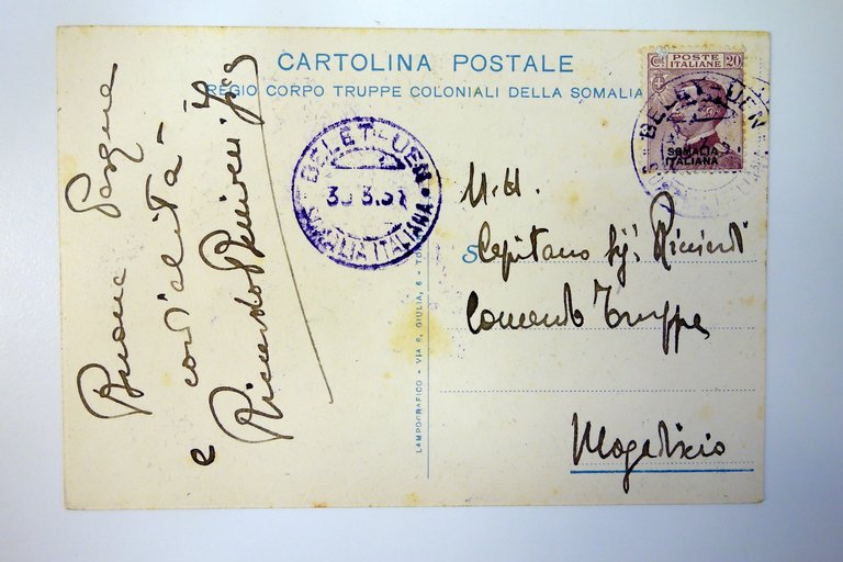 Cartolina Regio Corpo Truppe Coloniali della Somalia Italiana viaggiata 1932