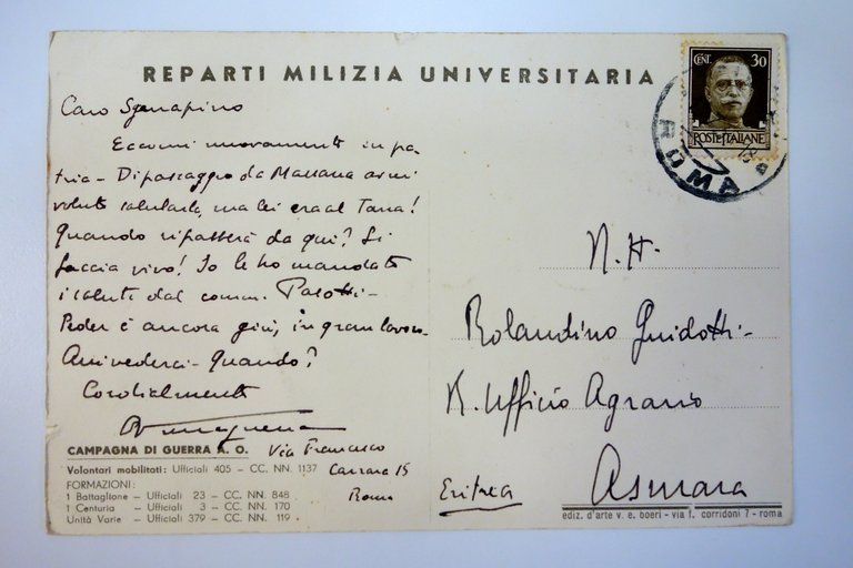 Cartolina Reparti di Milizia Universitaria viaggiata "Libro e Moschetto"
