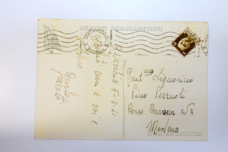Cartolina reparto paracadutisti Berthelet viaggiata 1941