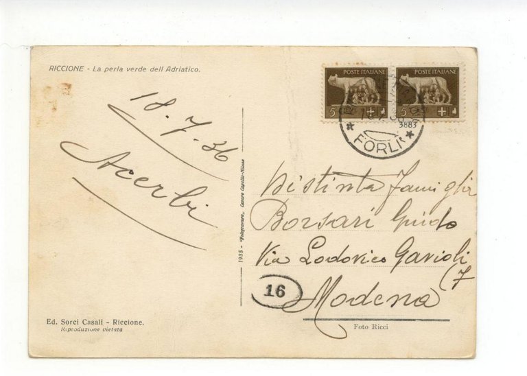 Cartolina Riccione Vele sulla Riva 1936 viaggiata Rimini