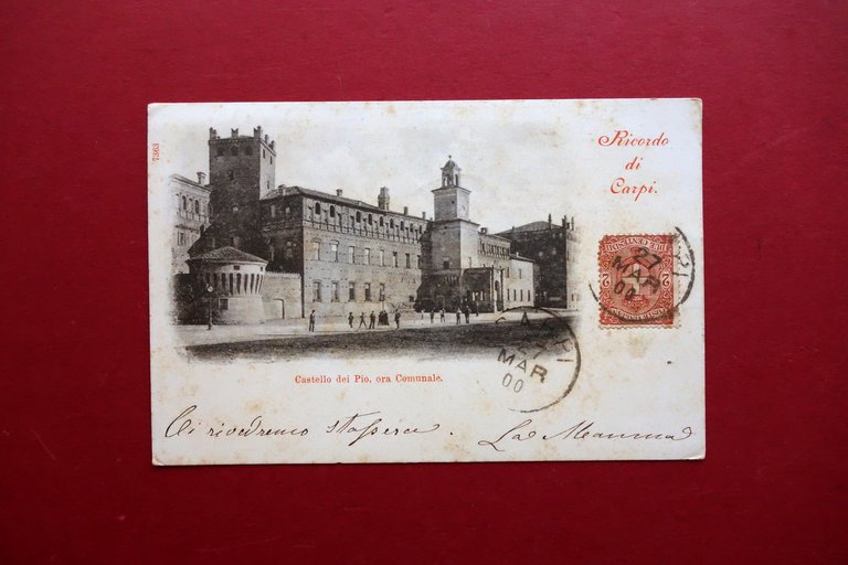 Cartolina Ricordo di Carpi Castello dei Pio 1900 Viaggiata Animata Modena